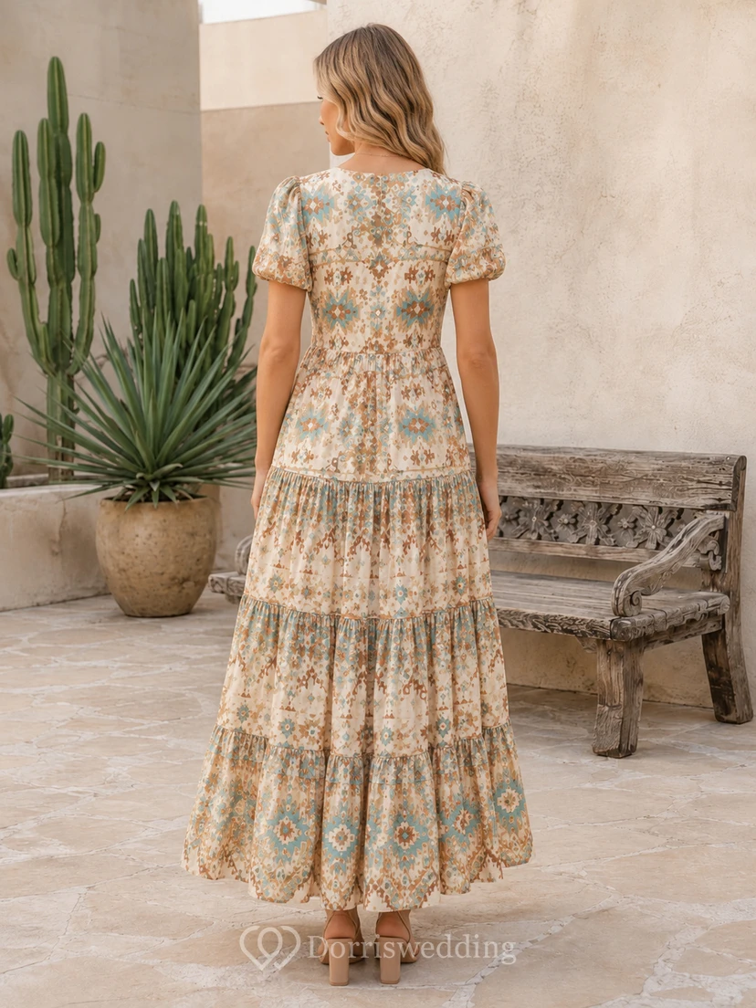 Vestido largo de invitada con escote en V y mangas abullonadas, de estilo azteca suave. view 2