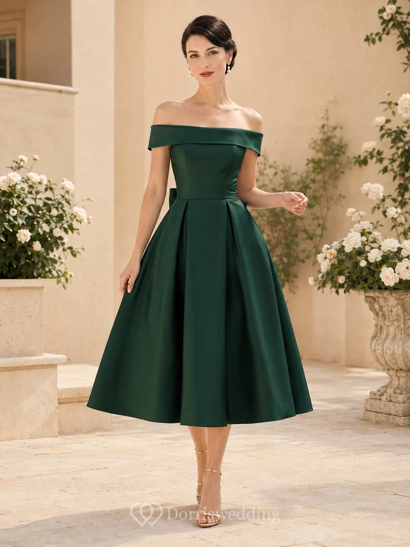 Dark Green Off-the-shoulder Petal Sleeve Satin A-Line Tea-length Romantic Cocktail Dress