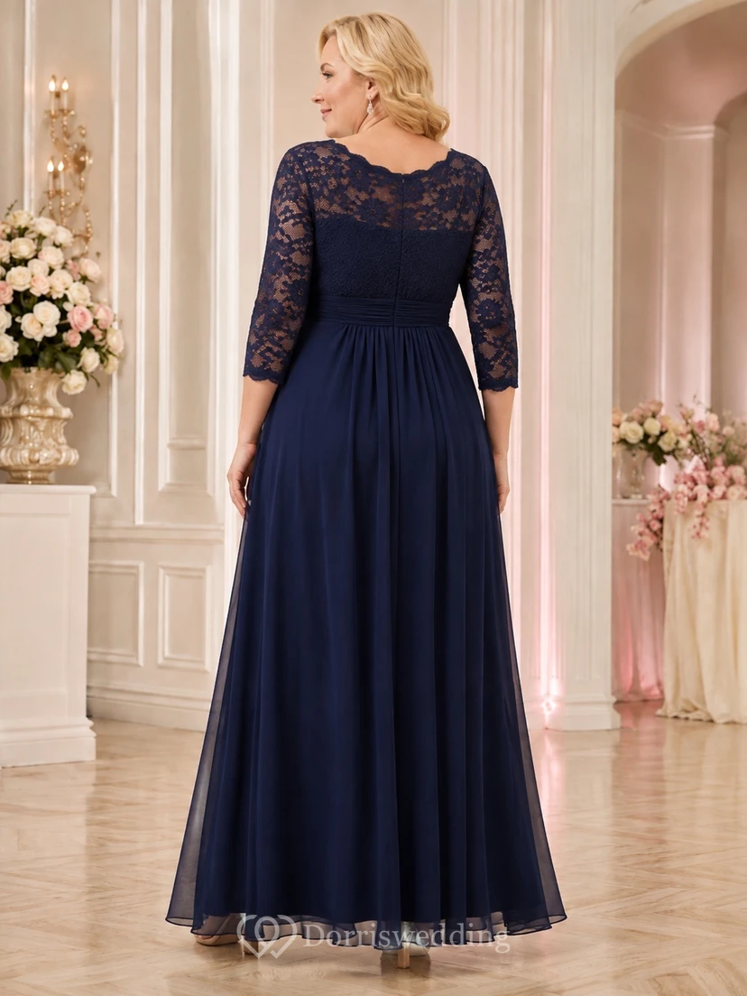 Dark Navy Lace Bateau Three-Quarter Sleeve Empire A-Line Plus Size Formal Dress view 2