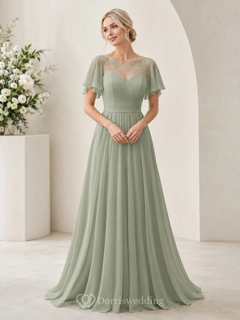 Robe de mariée trapèze en mousseline de soie à manches papillon et dentelle bateau illusion sauge