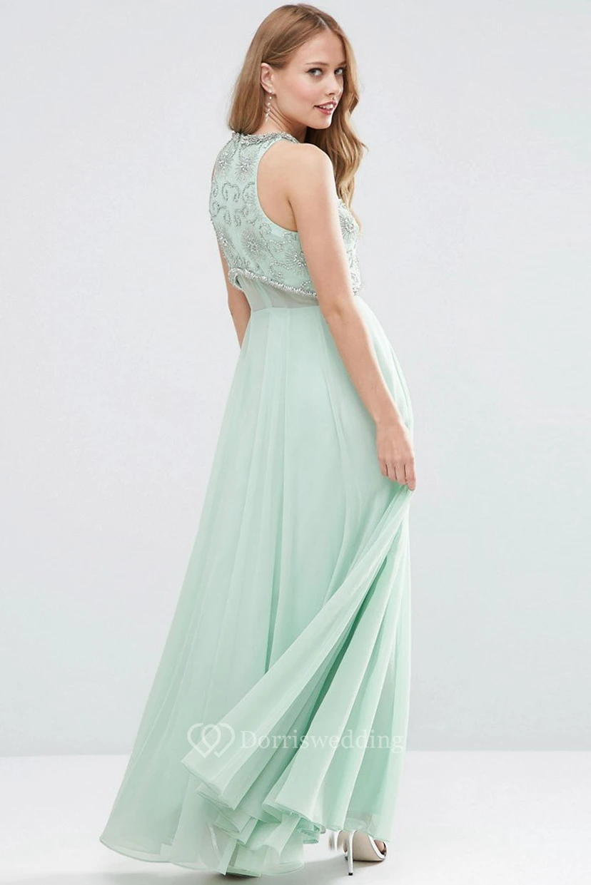 Ankle-Length Sleeveless Jewel Neck Beaded Chiffon Bridesmaid Dress With Pleats view 2