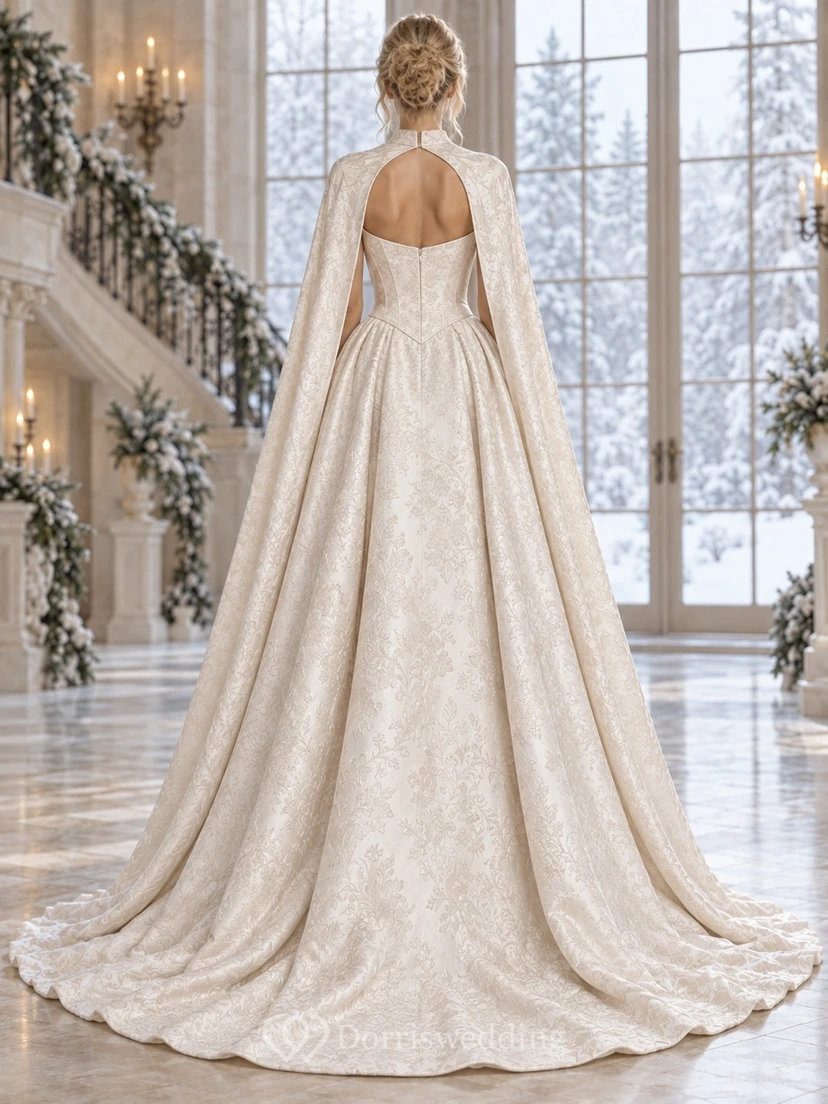 Vestido de novia de corte A con capa de brocado floral tejido y escote corazón puntiagudo en la cintura. view 2