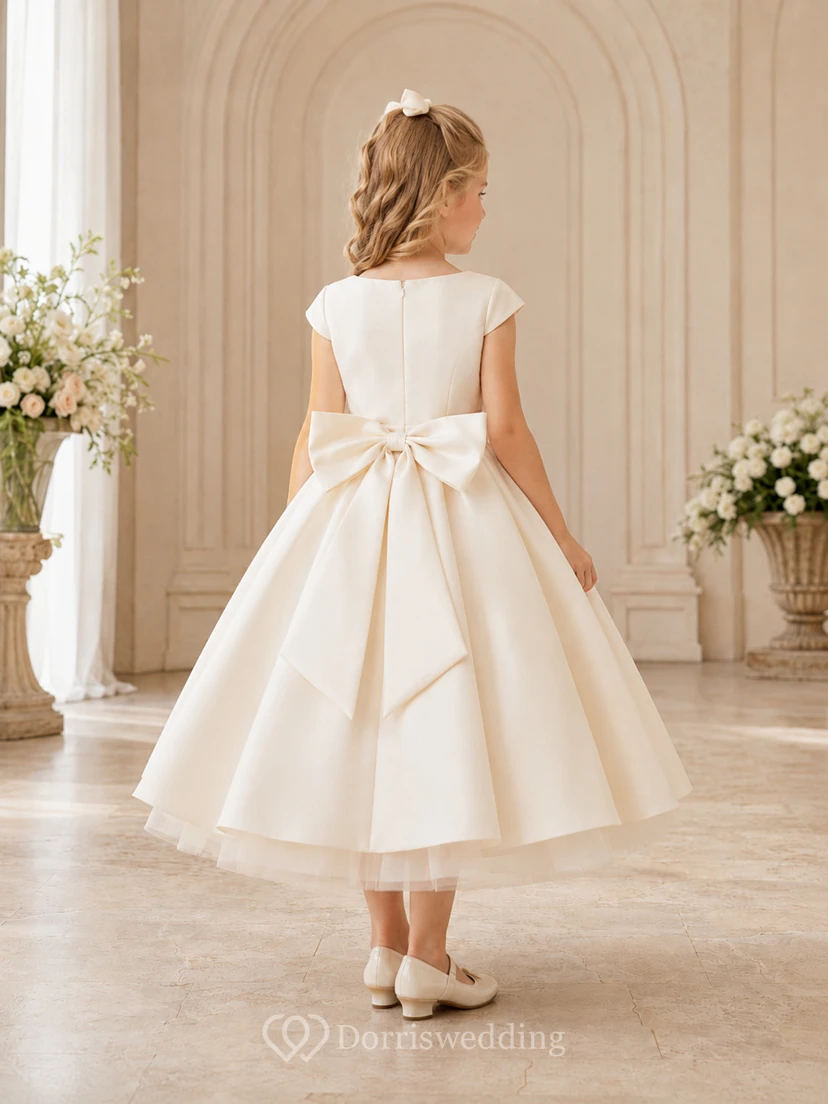 Blumenmädchenkleid aus elfenbeinfarbenem Satin, A-Linie, Rundhalsausschnitt, Teelänge, Schleifendetail view 2