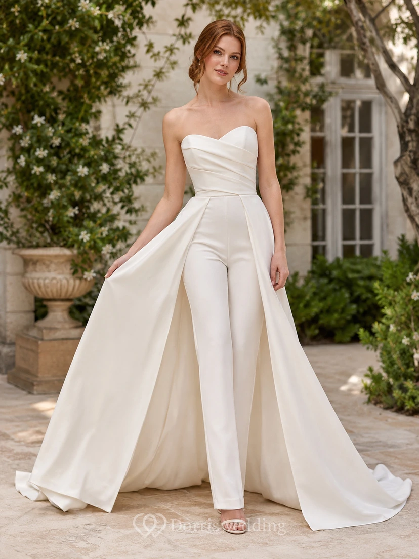 Minimalist Satin Wedding Jumpsuit Strapless Sweetheart Sweep Train