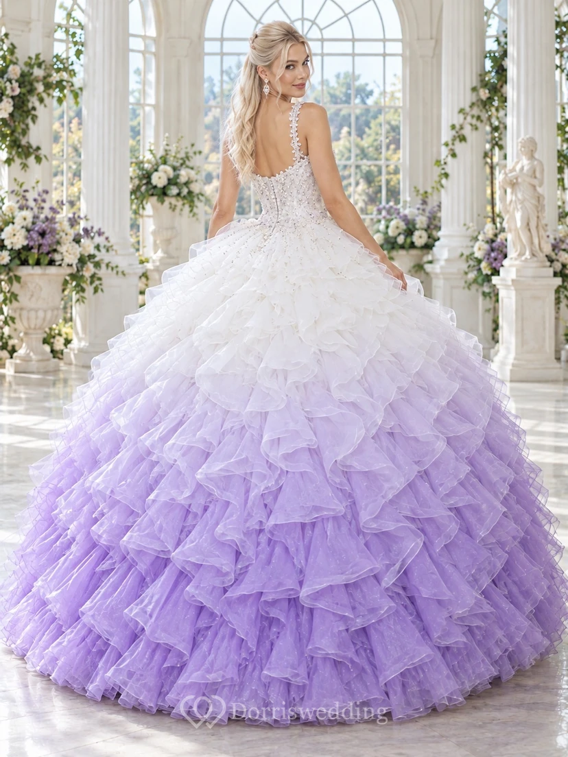 Vestido de novia de gala lila degradado con escote corazón, tirantes finos, corpiño bordado con cuentas y volantes de organza. view 2
