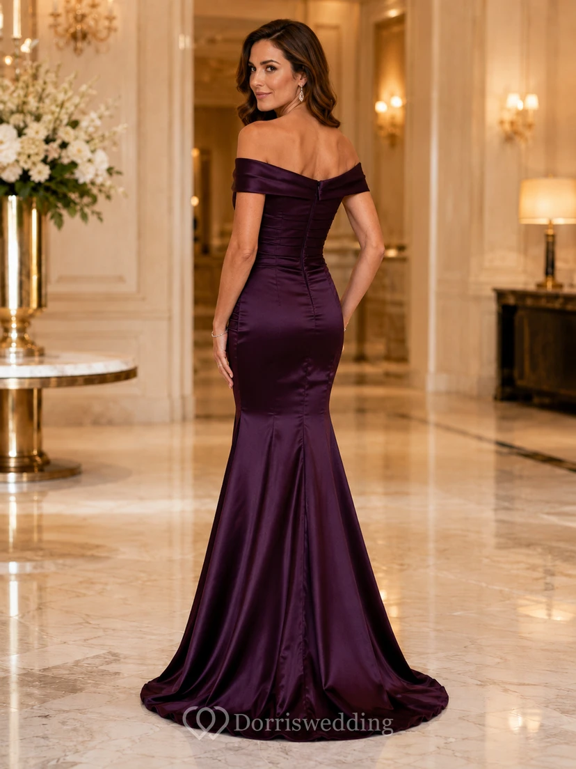 Plum Off-Shoulder Satin Mermaid Split Front Floor Wedding Guest Gown view 2