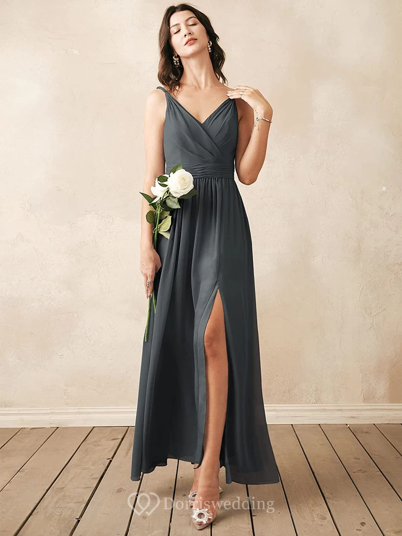 Romantic V-neck A Line Sleeveless Ankle-length Chiffon Bridesmaid Dress With Ruching view 5