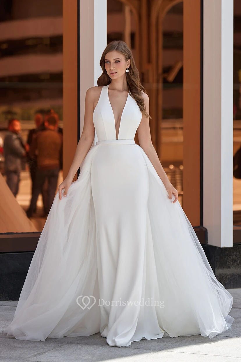 Sexy Plunged Sleeveless Satin Sheath Wedding Dress with Tulle Skirt view 5