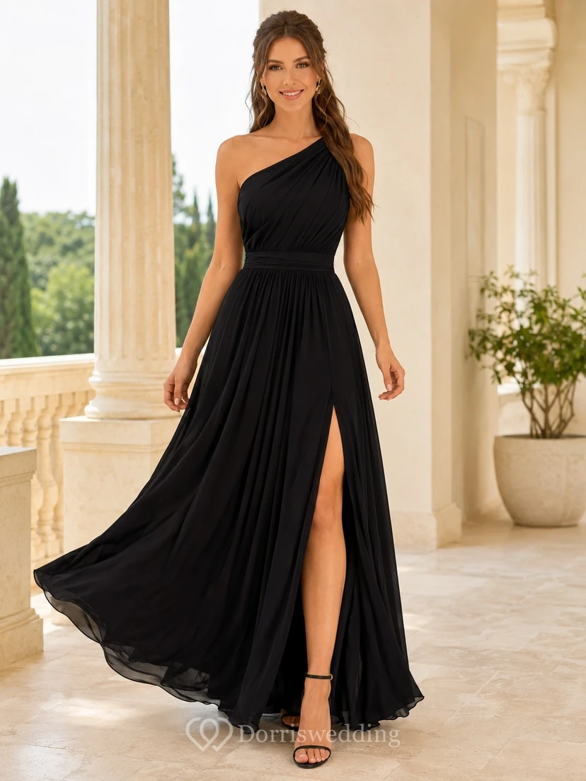 Black One-Shoulder Chiffon A-Line Floor-Length Split Elegant Evening Gown