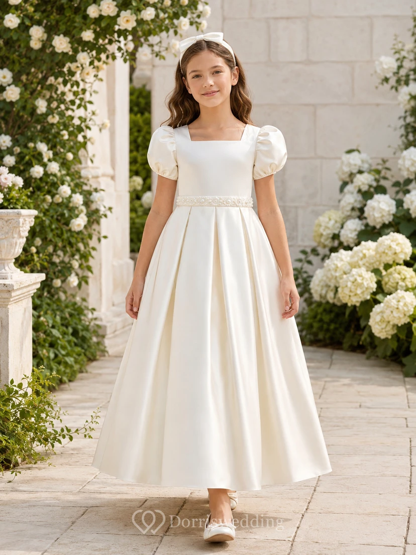 Vestido de satén blanco con cuello cuadrado y mangas abullonadas para niña de la comunión.