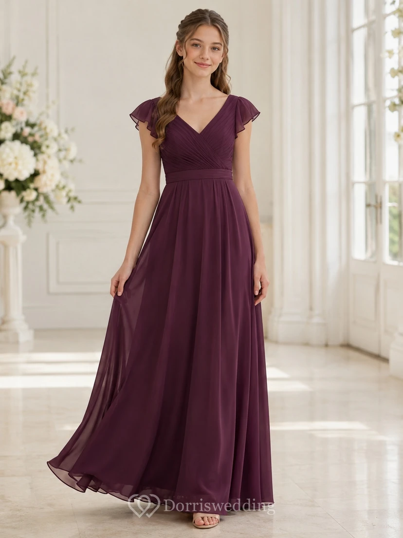 Mulberry Junior Brautjungfernkleid, A-Linie, V-Ausschnitt, kurze Ärmel, elegant, formell