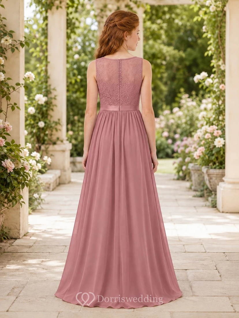 Brautjungfernkleid in Altrosa, A-Linie, ärmellos, aus Spitze und Tüll, bezaubernd und romantisch view 2