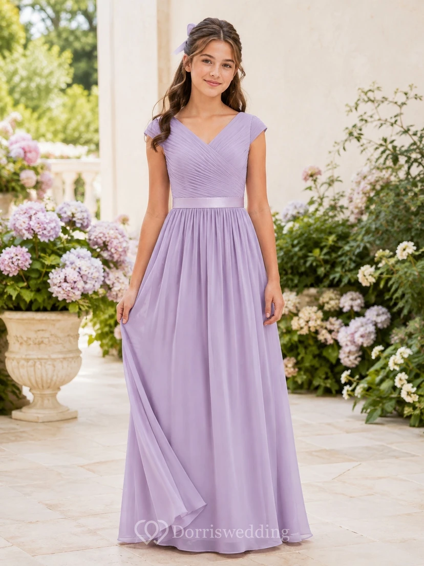 Elegantes, festliches Brautjungfernkleid in zartem Flieder mit A-Linien-Schnitt, V-Ausschnitt und kurzen Ärmeln