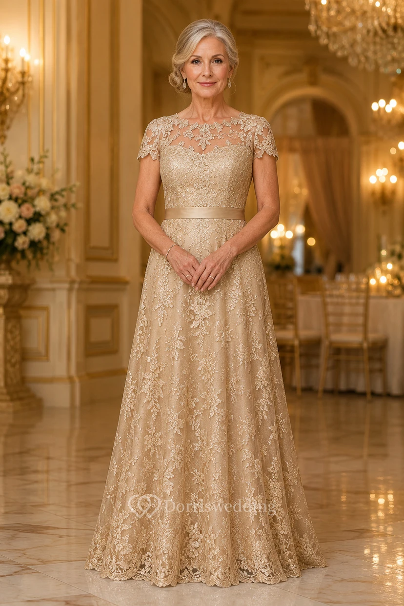 Champagnerfarbenes Pailletten-Spitzenkleid in A-Linie mit Illusionsausschnitt