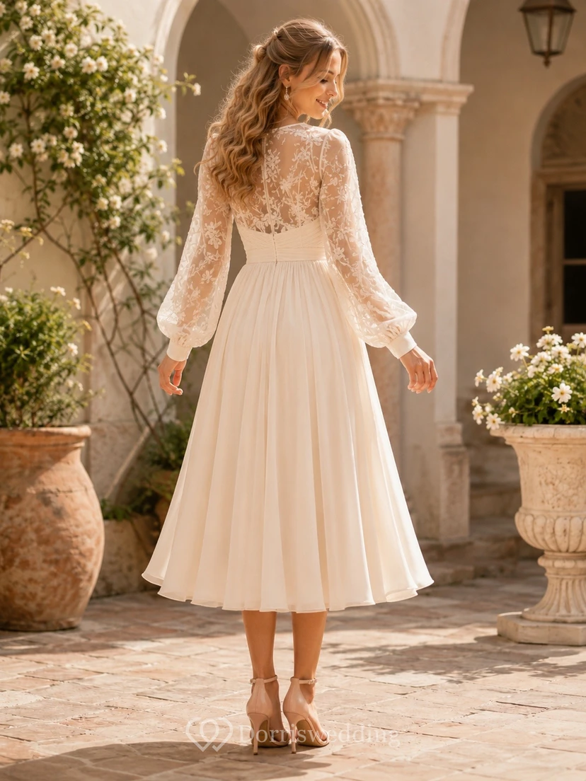 Simple Tea-length Short Bridal Ceremony Formal Bateau A-line Dress view 2