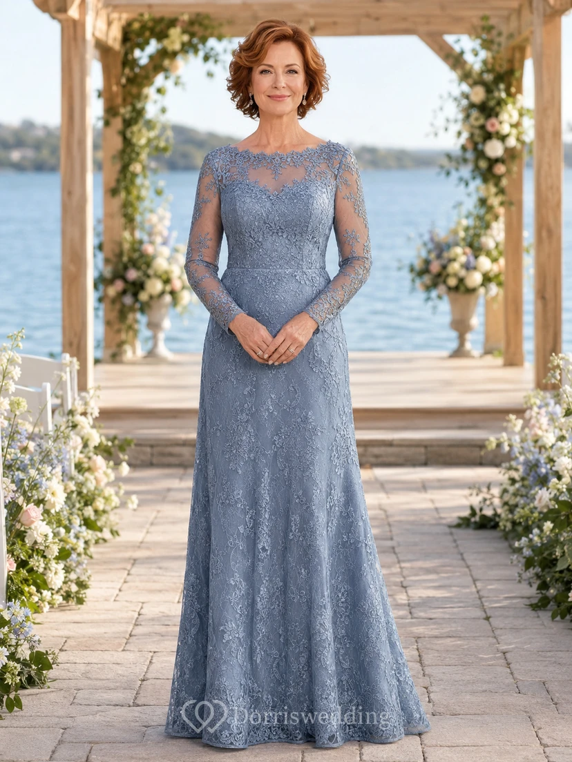 Dusty blue long sleeve lace A line mother formal gown