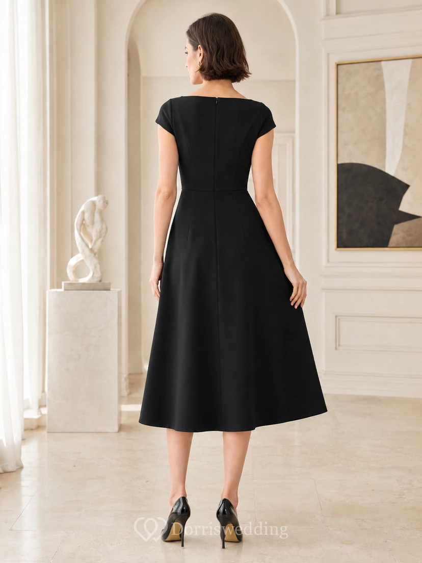 Black Cap Sleeve Bateau A Line Elegant Midi Dress view 2