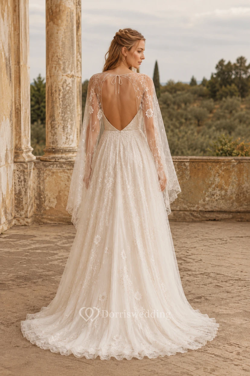 Langärmeliges Tüll-Brautkleid in A-Linie mit Spitzenoberteil view 2