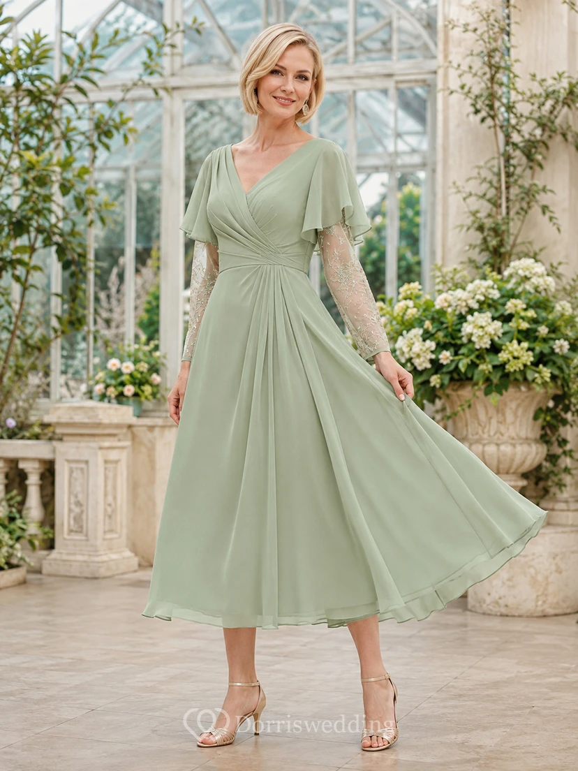 Pale Sage Tea-Length A-Line Romantic Mother of the Bride Dress with V-Neck Layered Lace Sleeves