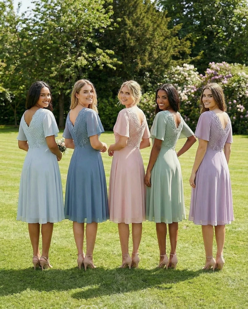 Chiffonkleid mit V-Ausschnitt, Poetenärmeln und knielanger Länge view 2