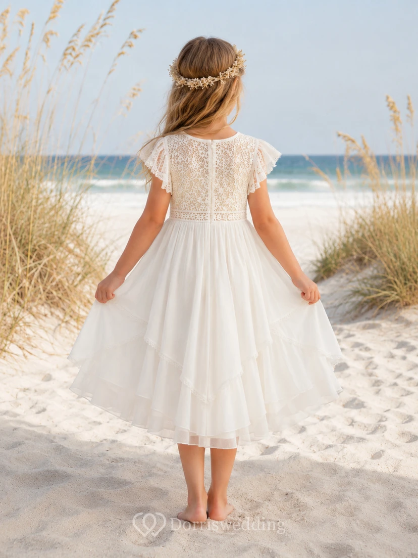 Strandkleid aus Tüll mit flatternden Ärmeln, A-Linien-Schnitt, Rundhalsausschnitt und wadenlangem Rock view 2