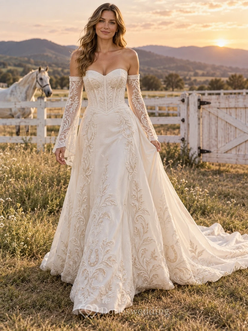 Country Boho Off shoulder Mermaid Satin Wedding Dress with Long Bell Sleeves and Scroll Embroidery