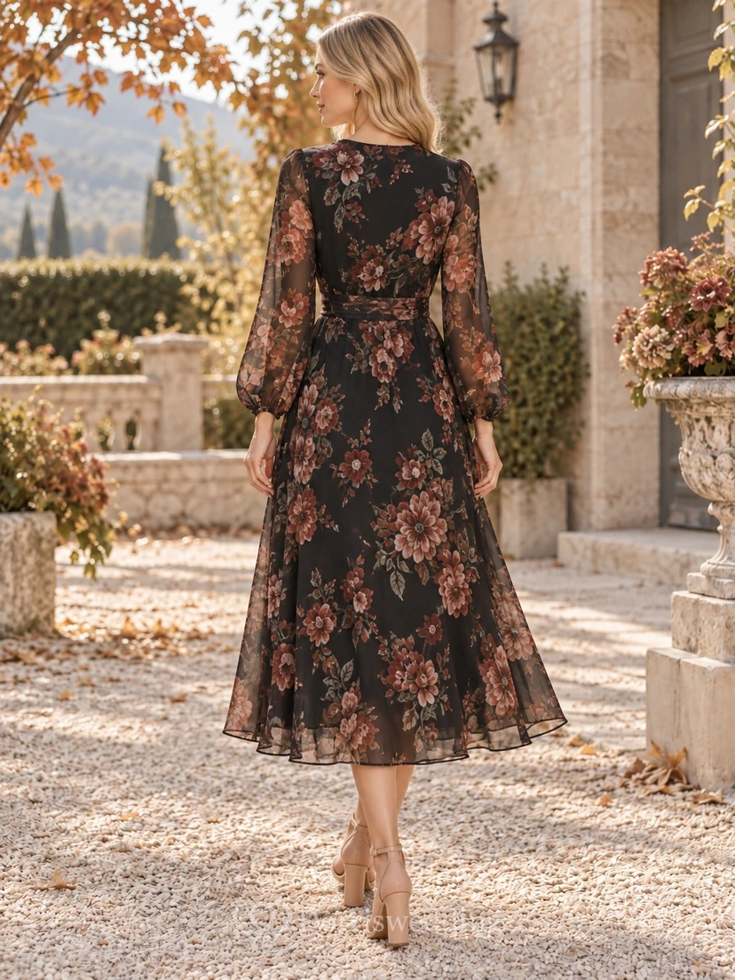 Vestido de invitada negro de corte A, escote en V, manga larga y largo hasta la rodilla. view 2