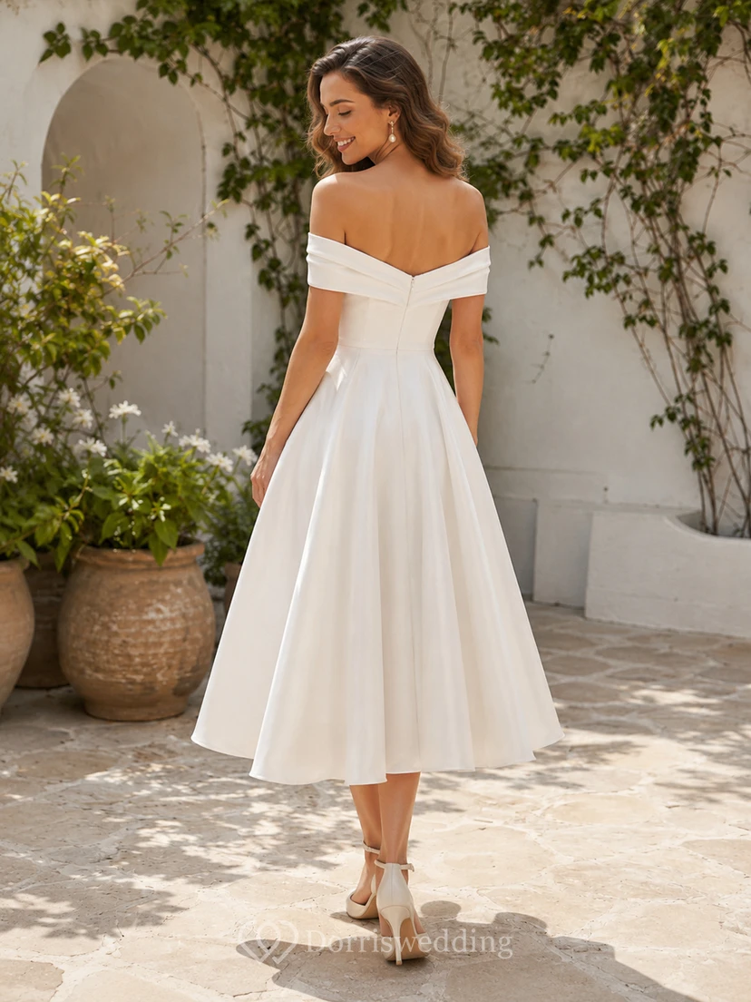 Romantic Civil Satin A Line Off Shoulder Sweetheart Tea Length Wedding Dress view 2
