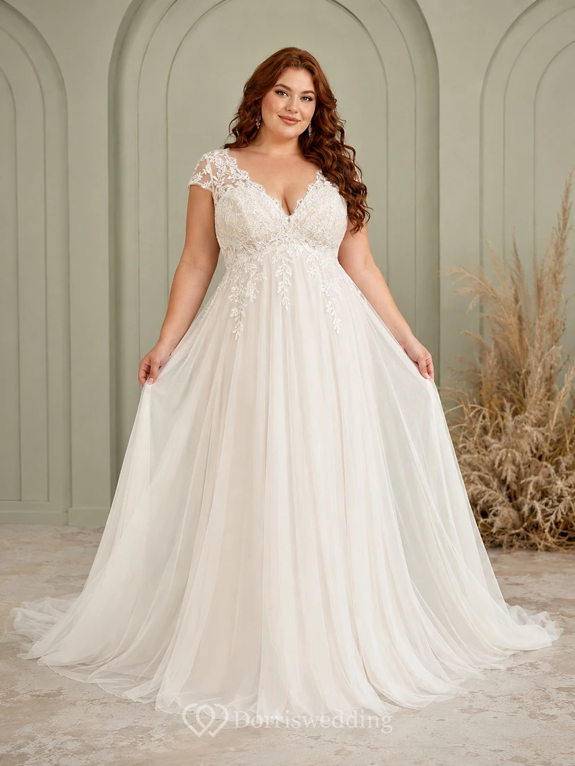 Plus Size Lace Bodice Flowy Studio Wedding Dress