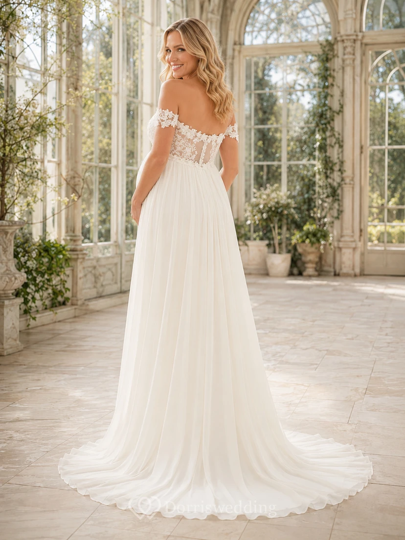 Robe de mariée romantique en mousseline, style empire jardin, longue jusqu'au sol, épaules dénudées et manches courtes, pour maternité view 2