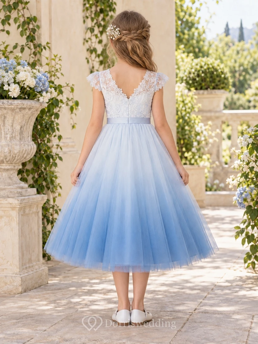Sky Blue V-neck Cap Sleeve Floral Lace Tea-length A-Line Ombre Tulle Satin Waist Flowergirl Dress view 2