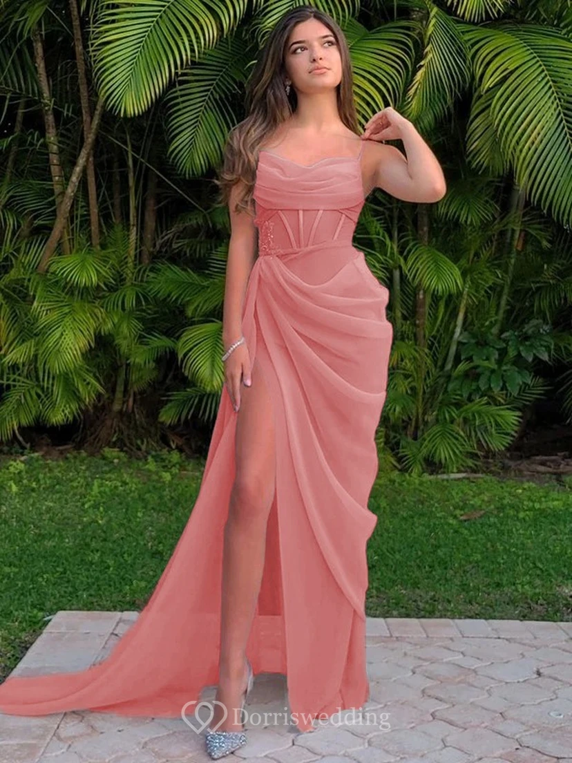 Spaghetti Ruched Sexy Front Split Sheath Side-ruched Prom Dress view 47