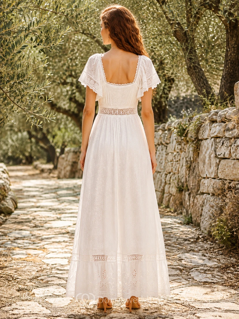 Robe de mariée champêtre bohème en mousseline, col carré, manches papillon, empiècements de dentelle, coupe trapèze et longueur cheville view 2