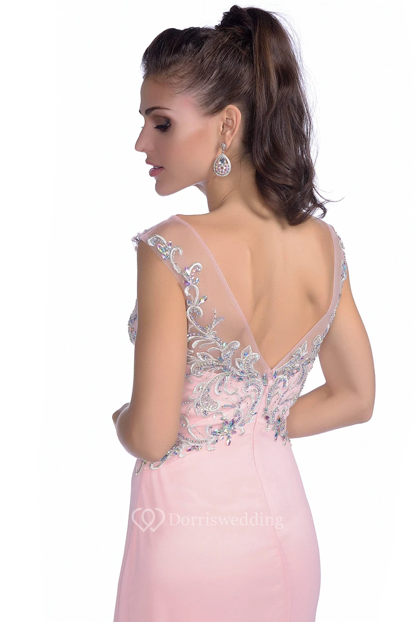 Cap Sleeve Chiffon A-Line Low-V Back Prom Dress With Bateau Neck view 2