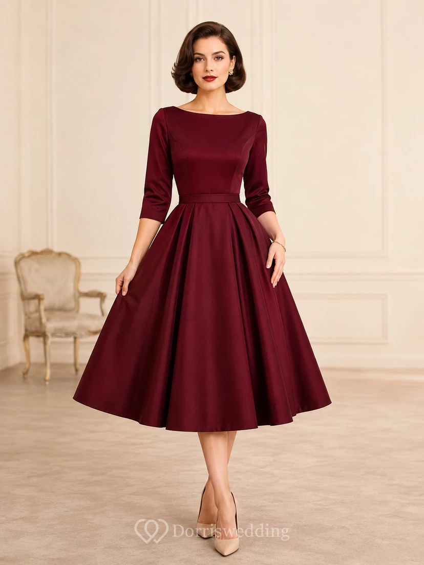 Vestido de cóctel vintage de los años 50, color burdeos, estilo barco, manga tres cuartos, satén plisado, corte en A, largo hasta la rodilla.