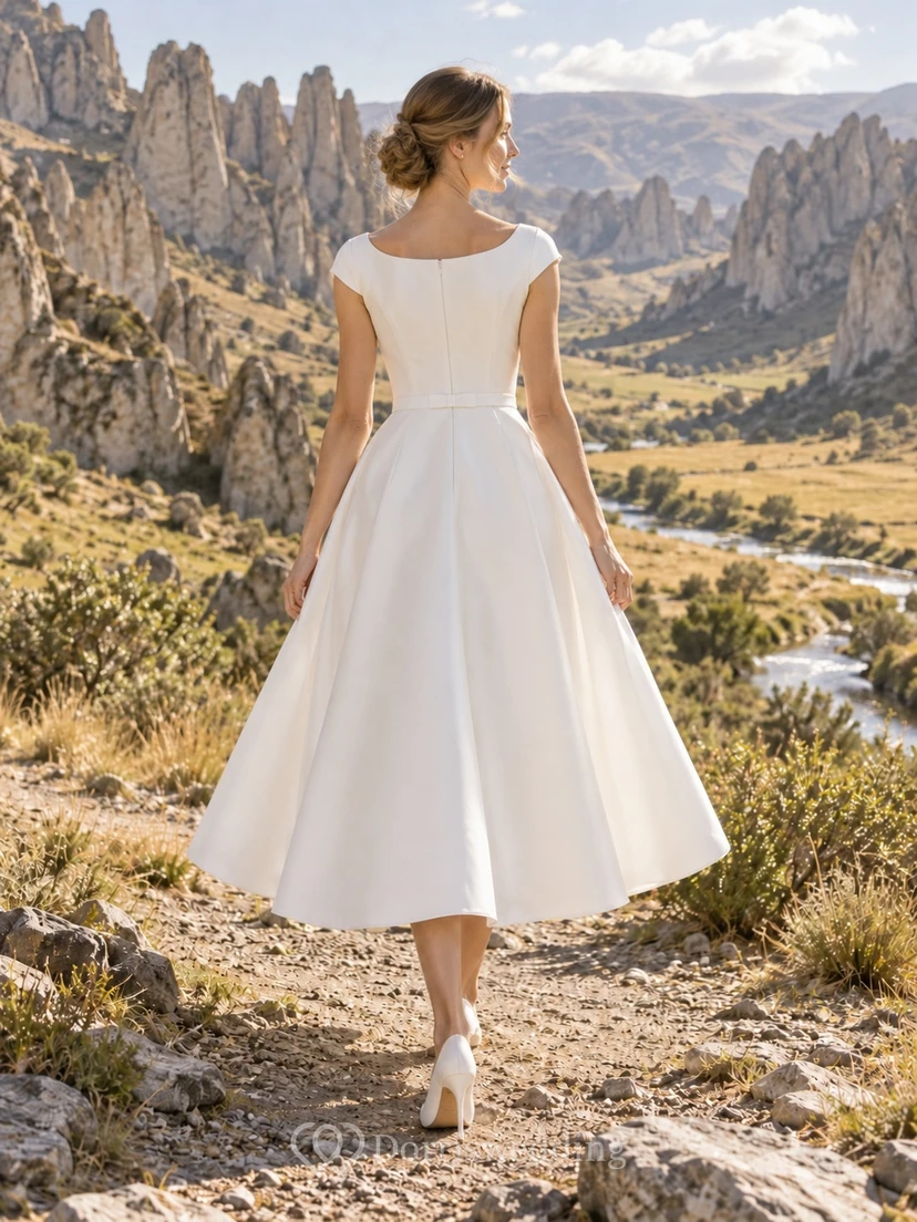 Vestido de novia sencillo de satén con escote barco, mangas cortas y corte en A, largo hasta la rodilla, con cinturilla. view 2