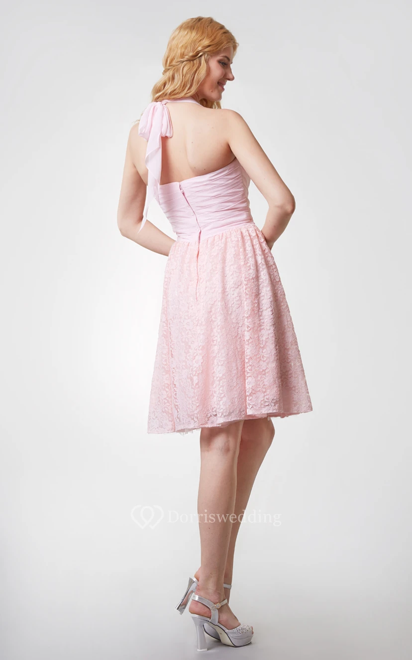 Sweet Halter Neck Short Lace Dress With Chiffon-top view 4