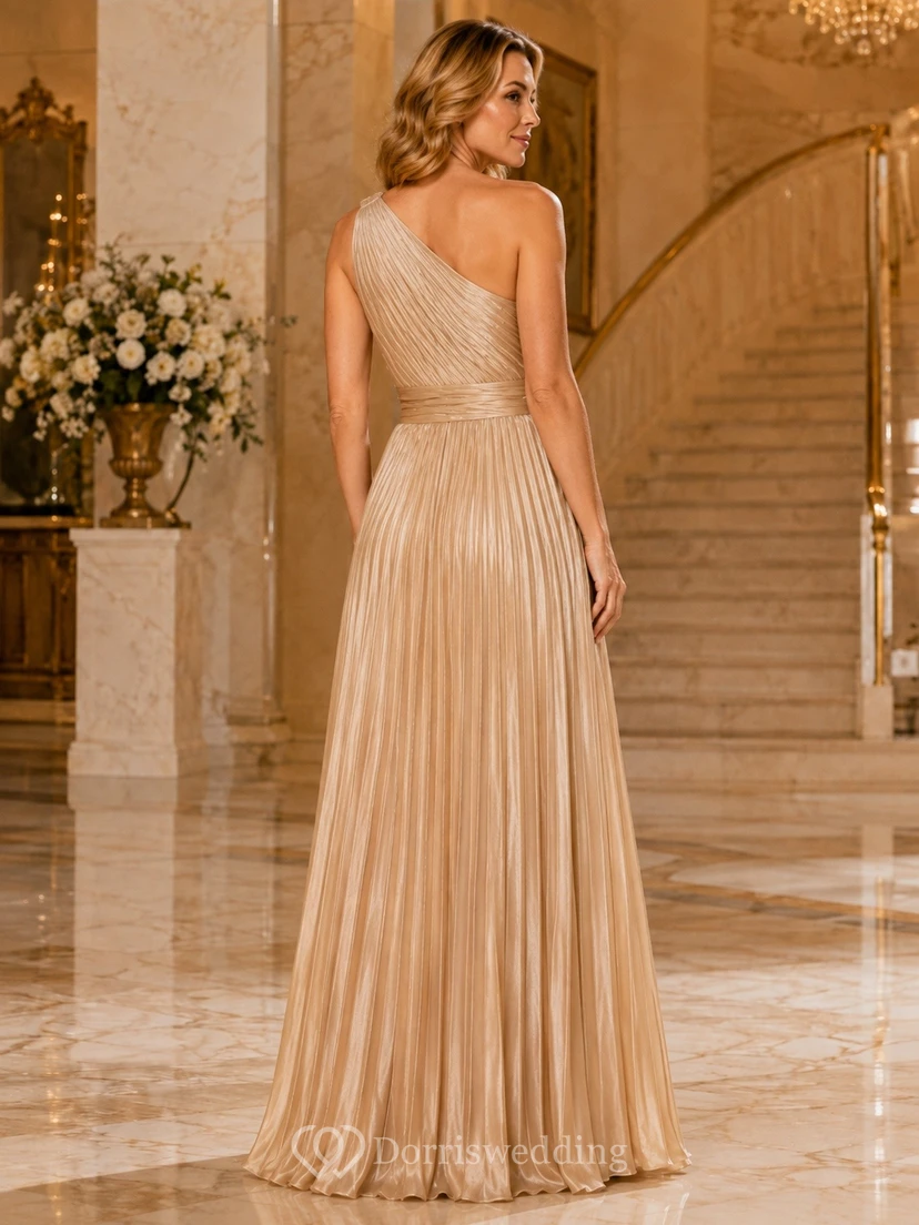Champagne One Shoulder Pleated Satin A Line Evening Gown view 2