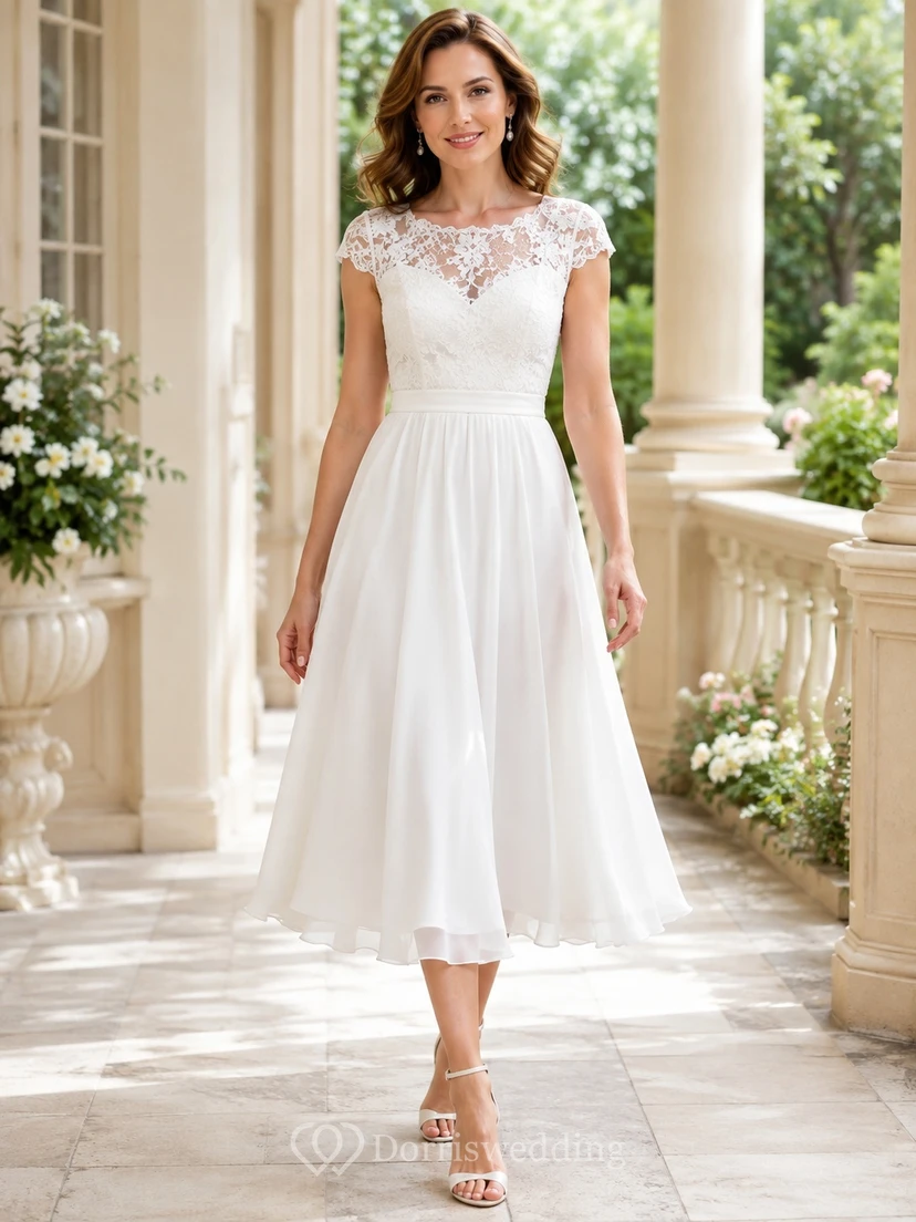 White Bateau Cap Sleeve Lace A-Line Tea-Length Romantic Semi-Formal Dress
