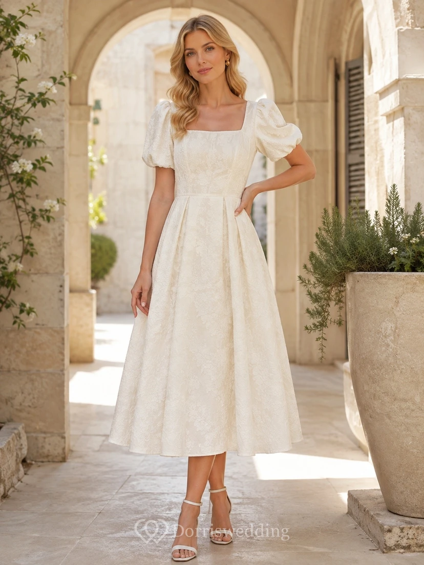 Cocktailkleid mit eckigem Ausschnitt, A-Linie, Spitze, Elfenbein, Puffärmeln