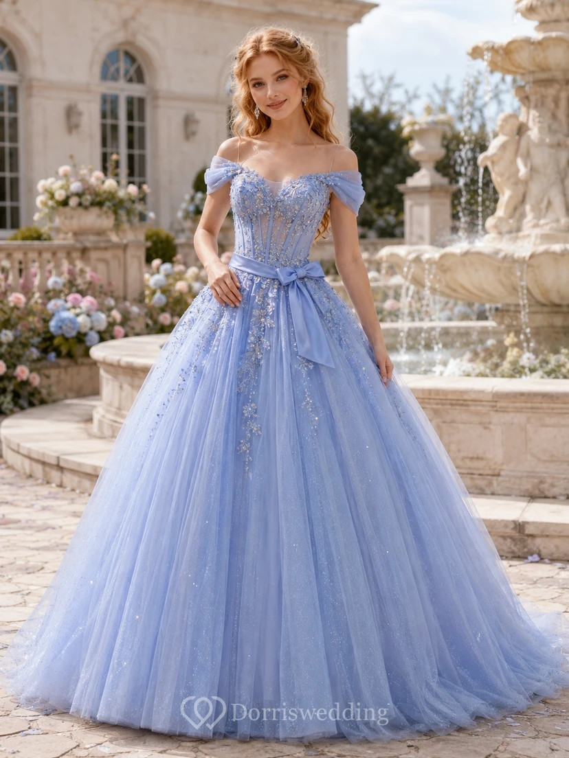 Sky Blue Tulle Off-the-Shoulder Sash Ball Gown Floor-Length Romantic Prom Dress