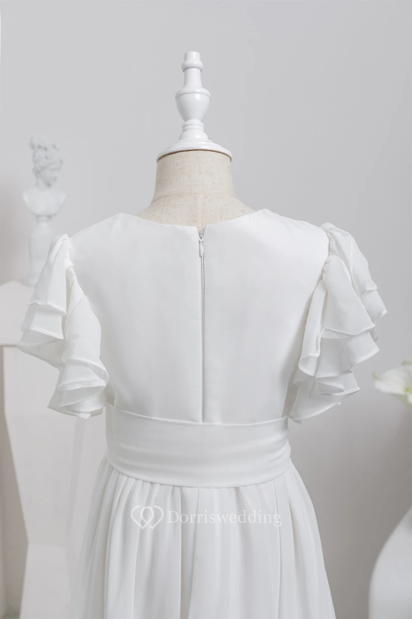 White First Communion Bowed Chiffon Flowergirl Dress with Ruffled Sleeve view 8