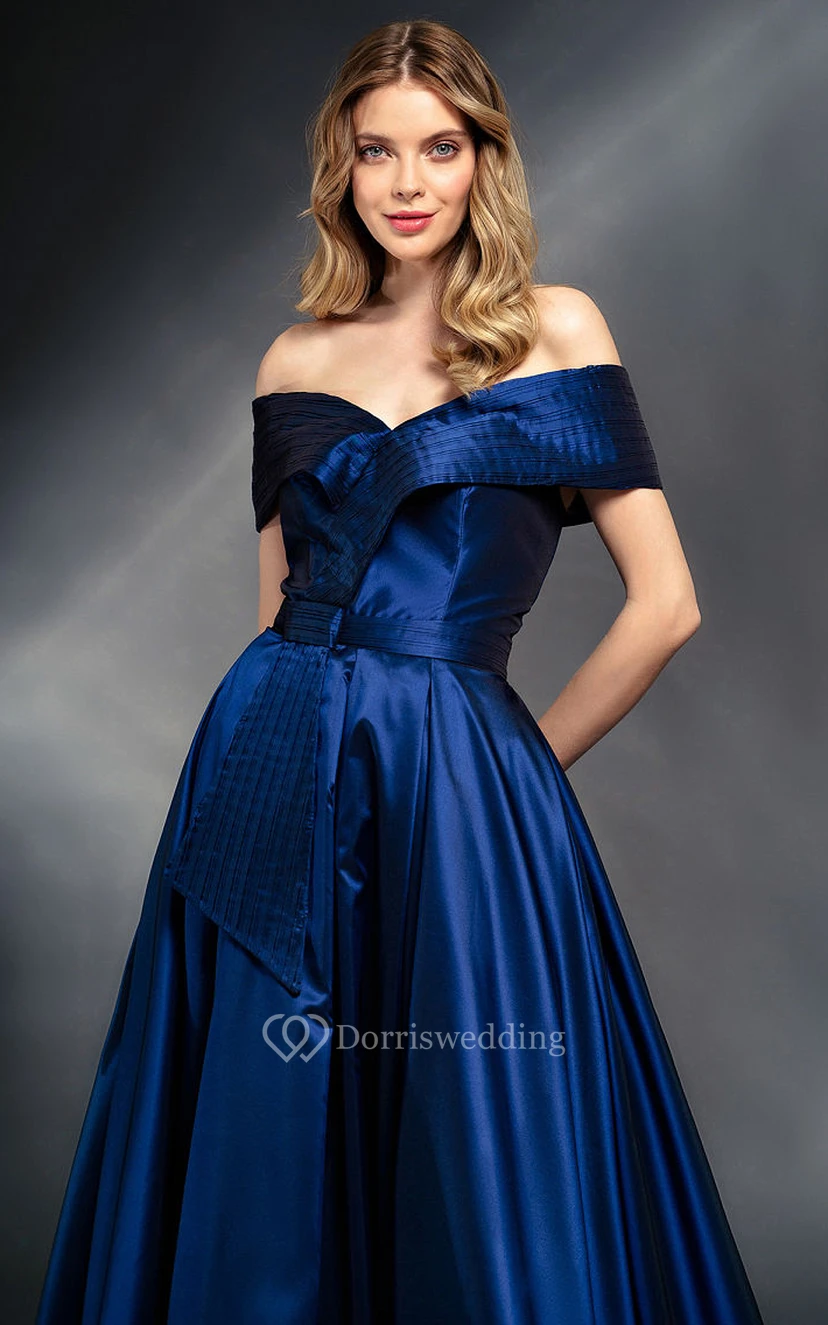 Off-the-shoulder Solid A-line Satin Dress with Sweep Train view 3