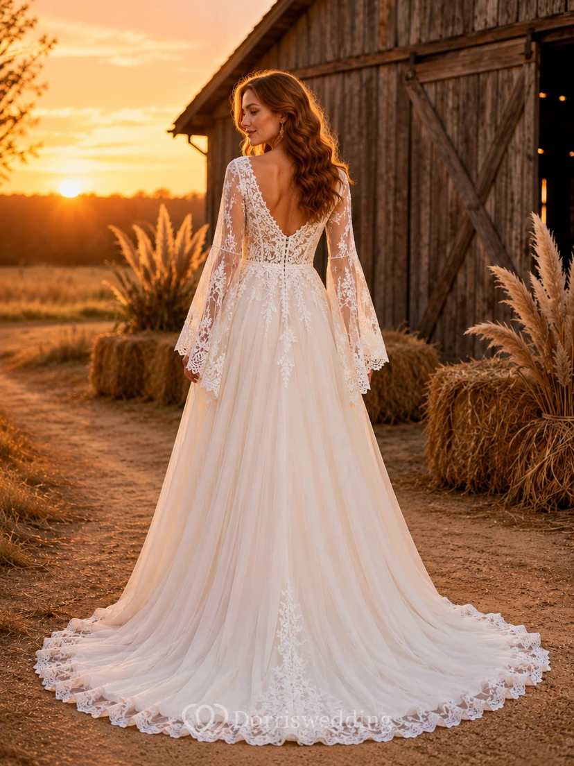 Fall Boho High Neck Bell Sleeve A-Line Wedding Dress view 2