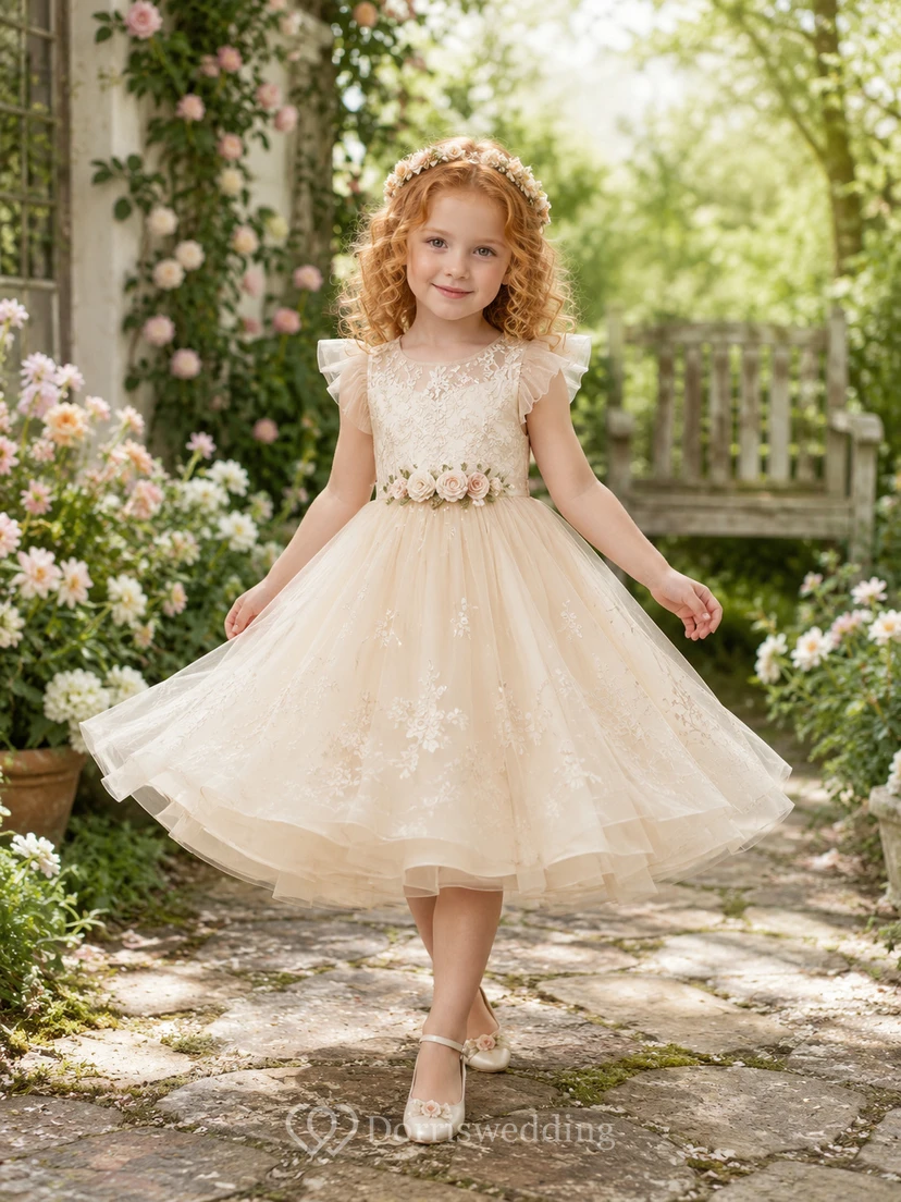 Blumenmädchenkleid Champagnerfarben, Spitze, Tüll, A-Linie, Kurzarm, Rundhalsausschnitt, Teelänge