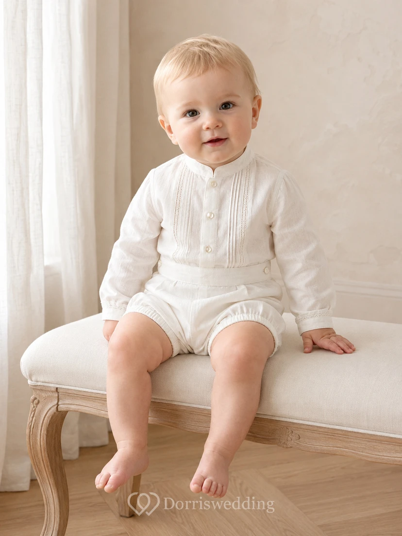 White Pintuck Bib Long Sleeve Peter Collar Christening Romper for Baby Boy