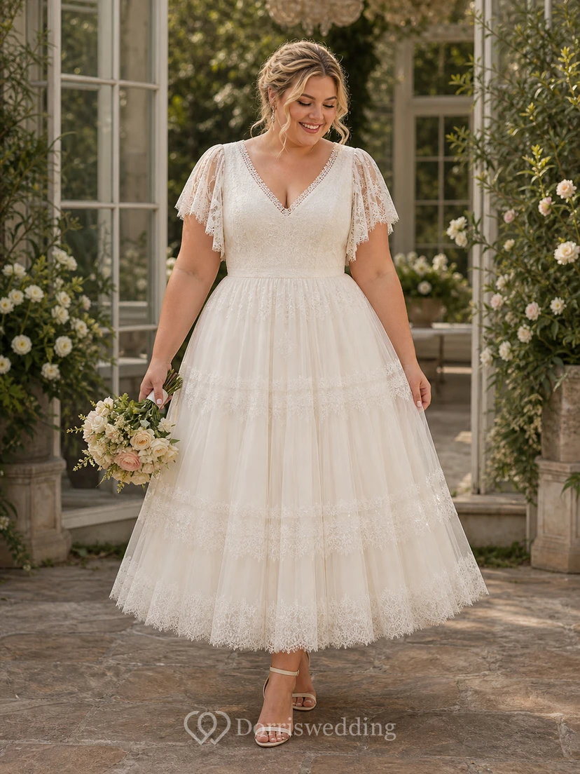 Teelanges Boho-Brautkleid mit flatternden Spitzenärmeln, V-Ausschnitt und gestuftem Tüllrock view 4