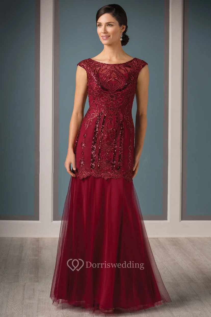 Cap-Sleeved Long Mother Of The Bride Dress With Sequins And Embroidery