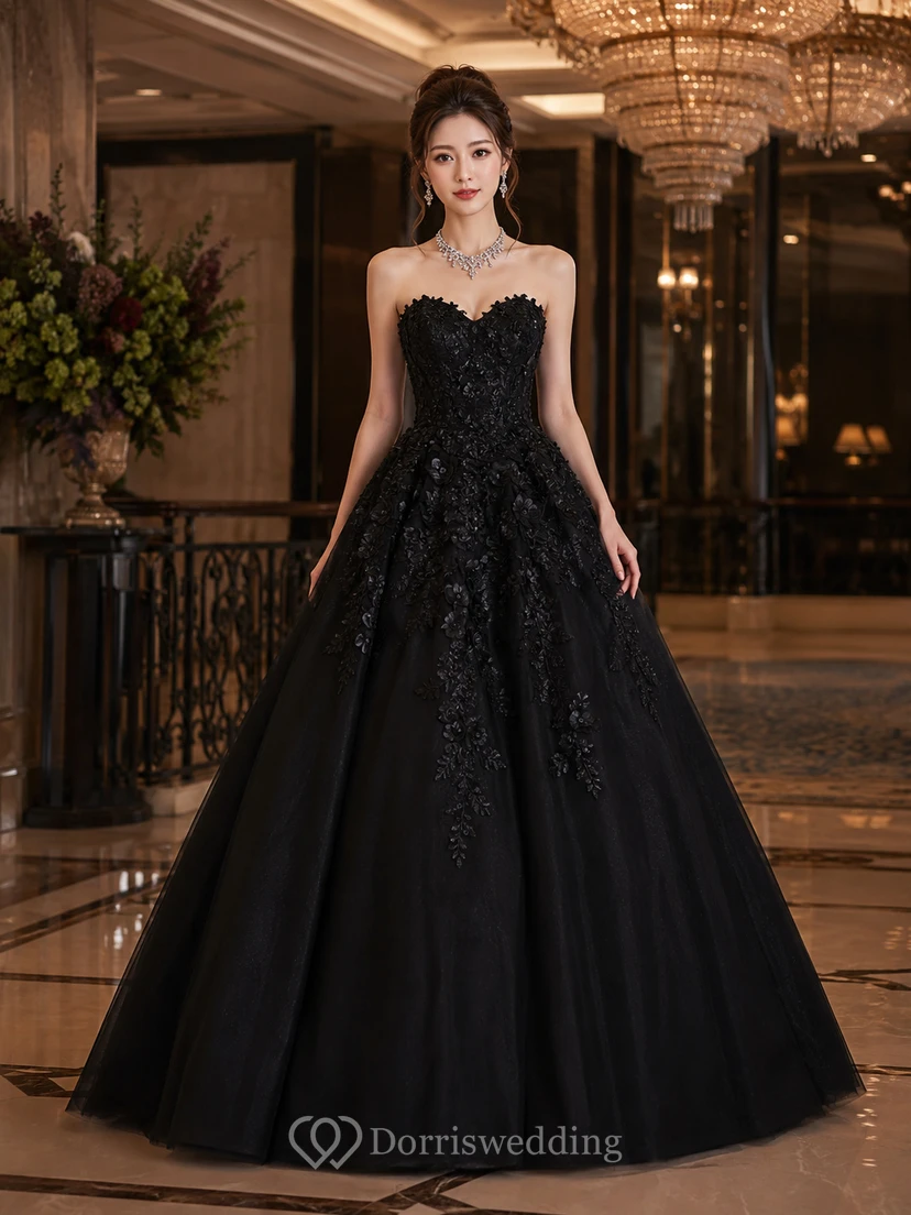 Banquet Black Strapless Floral Applique Ball Gown Formal Dress