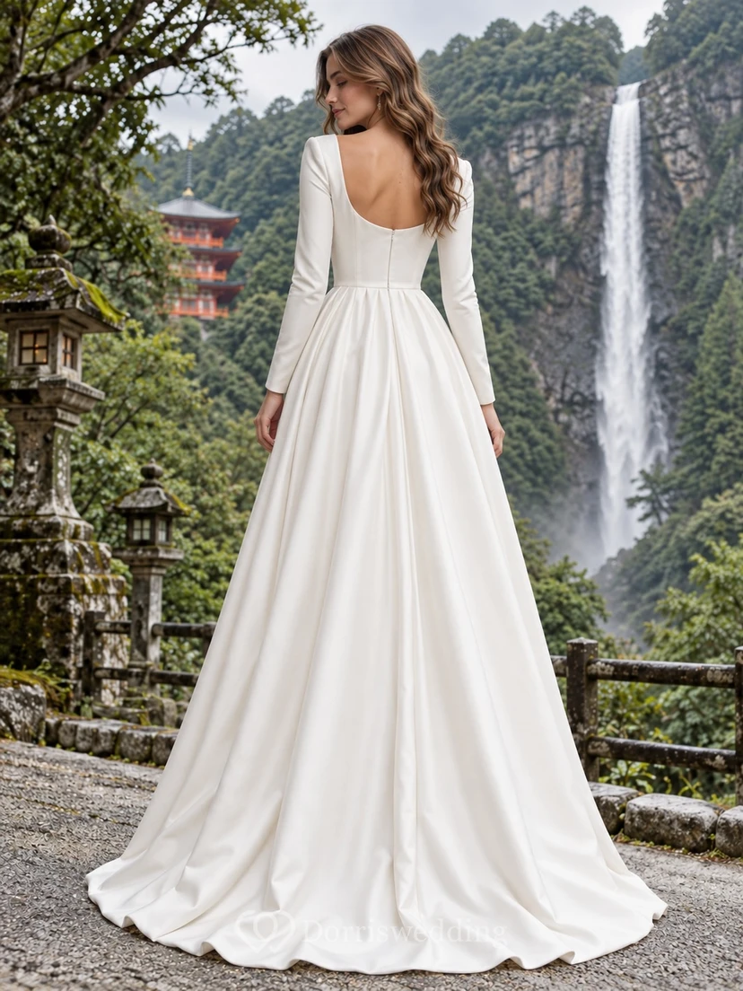 Schlichtes, langärmeliges Brautkleid aus Satin mit Rundhalsausschnitt und A-Linien-Schnitt view 2